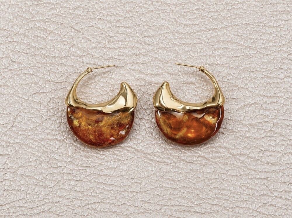 Amber Hoop Gold Molten Sculptural Stud Statement Boho Retro Solanales Retro VTG